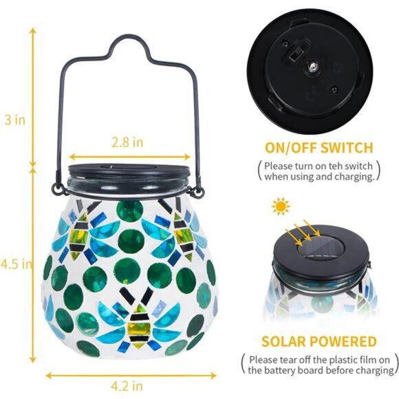 Mosaic Outdoor Lanterns - Glass Solar Hanging Lights Bee Hollow Out - Picture 6 of 7